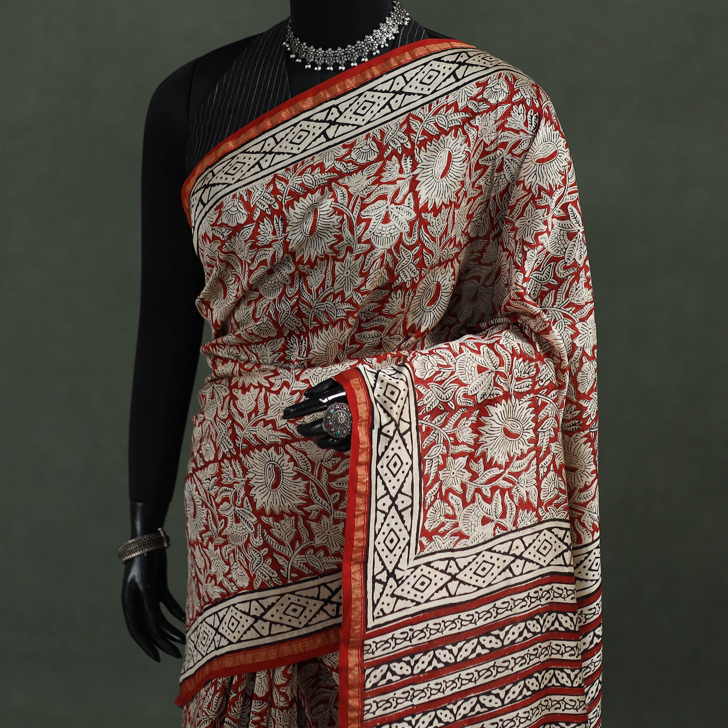 Bagru Hand Block Print Natural Dyed Chanderi Silk Saree 35