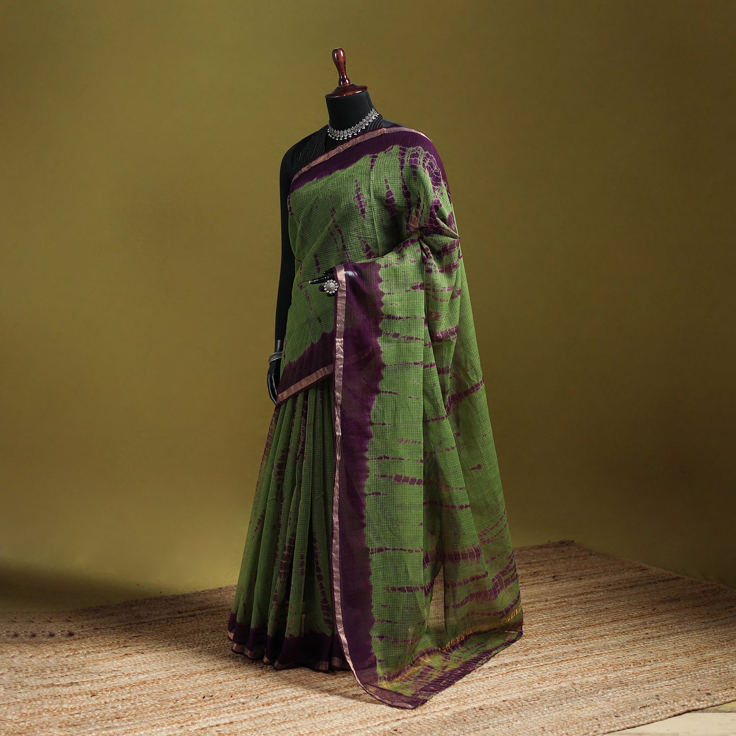 Green - Shibori Tie-Dye Kota Doria Cotton Saree 58