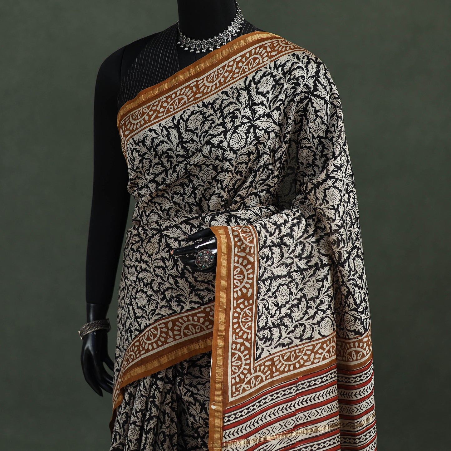 Bagru Hand Block Print Natural Dyed Chanderi Silk Saree 36