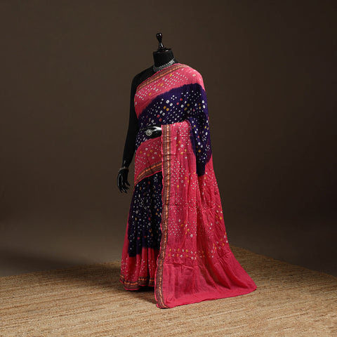 Purple - Kutch Tie-Dye Cotton Bandhani Saree with Blouse 04