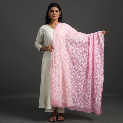 Pink - Lucknow Chikankari Tepchi Embroidery Georgette Dupatta 01