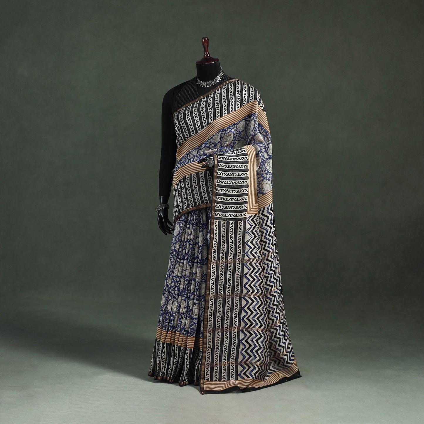 Bagru Hand Block Print Natural Dyed Chanderi Silk Saree 37