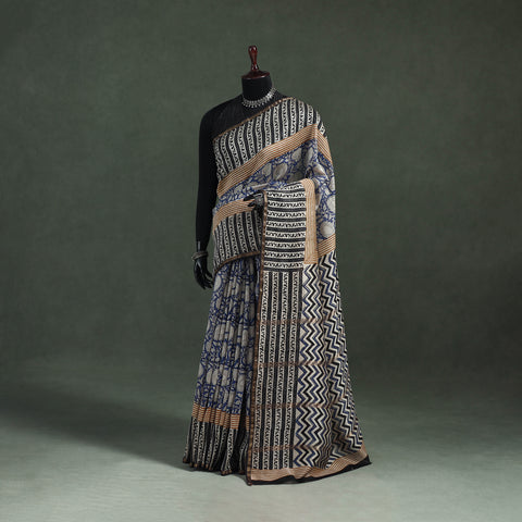 Bagru Hand Block Print Natural Dyed Chanderi Silk Saree 37