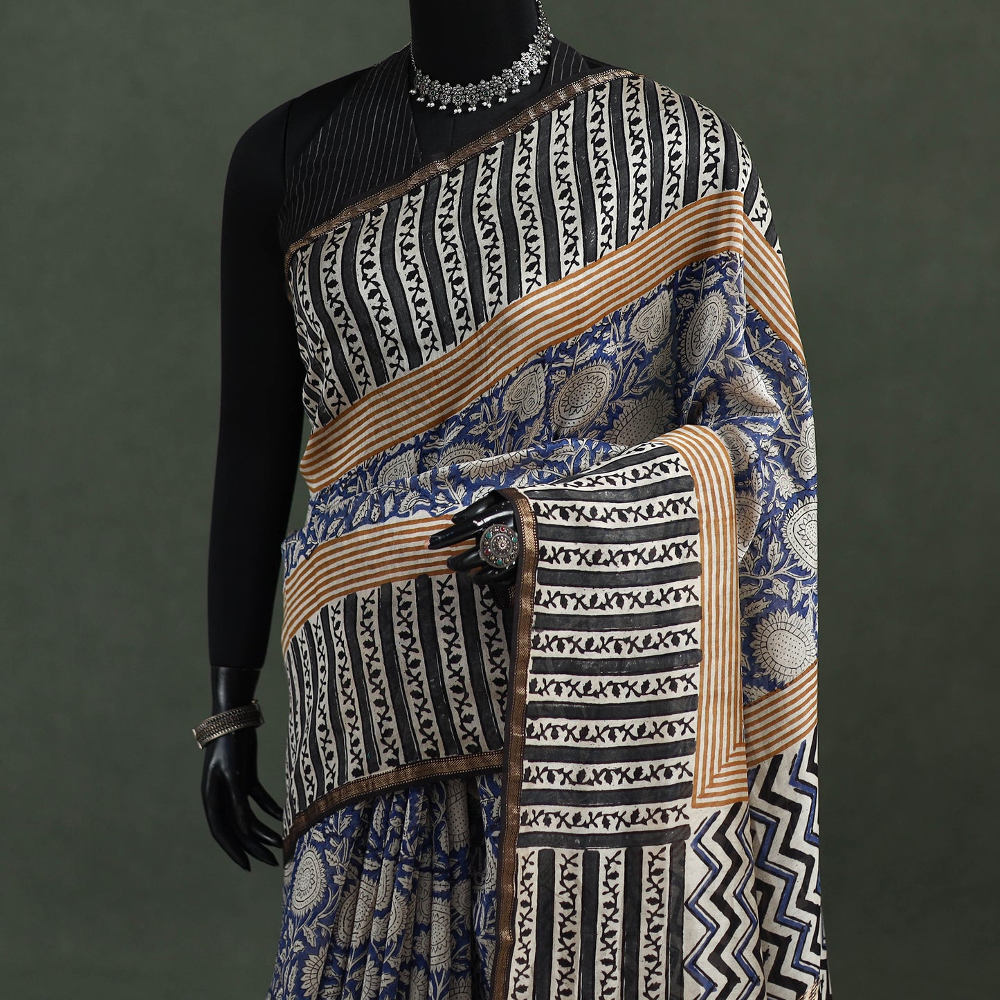 Bagru Hand Block Print Natural Dyed Chanderi Silk Saree 37