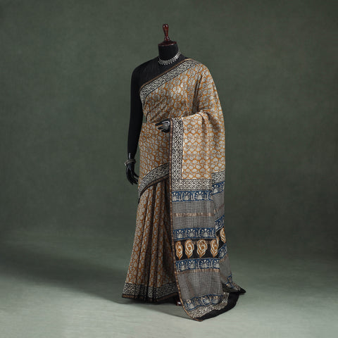 Bagru Hand Block Print Natural Dyed Chanderi Silk Saree 38
