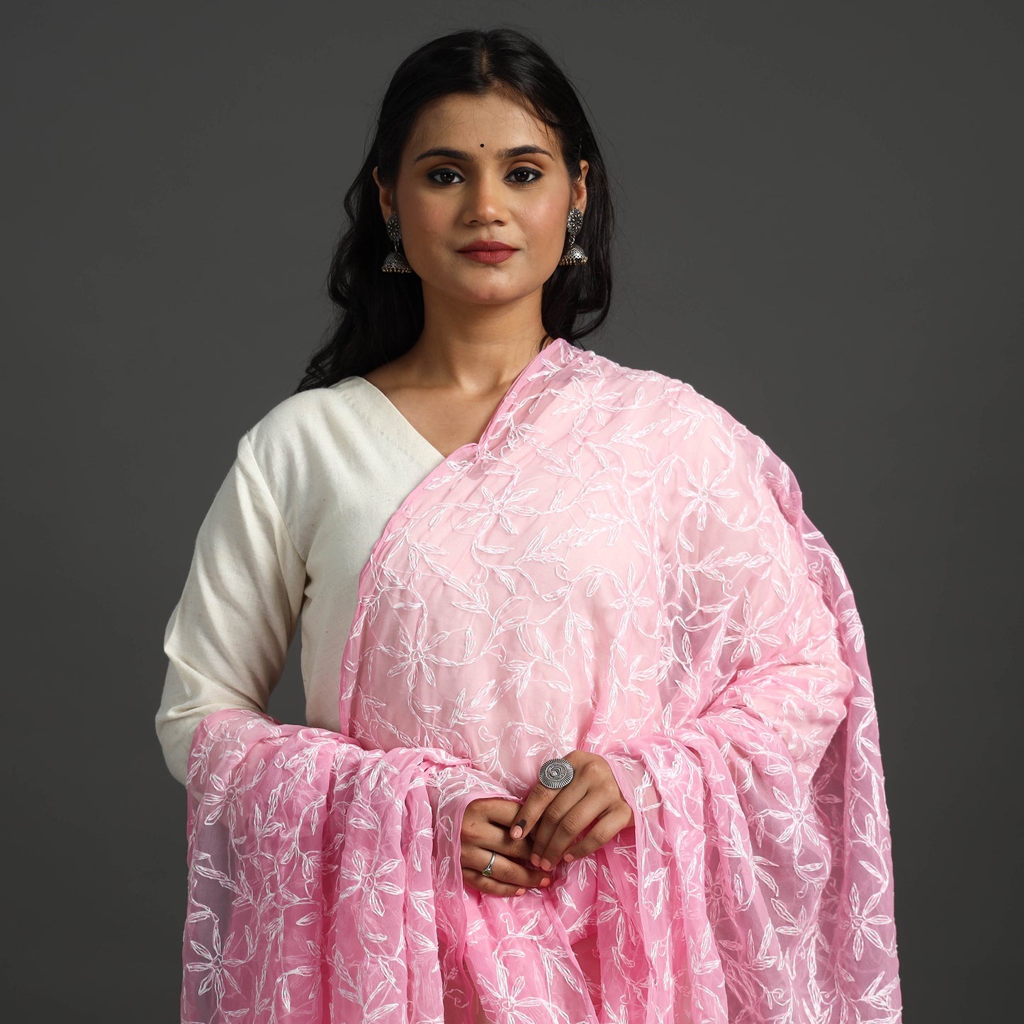 Pink - Lucknow Chikankari Tepchi Embroidery Georgette Dupatta 01
