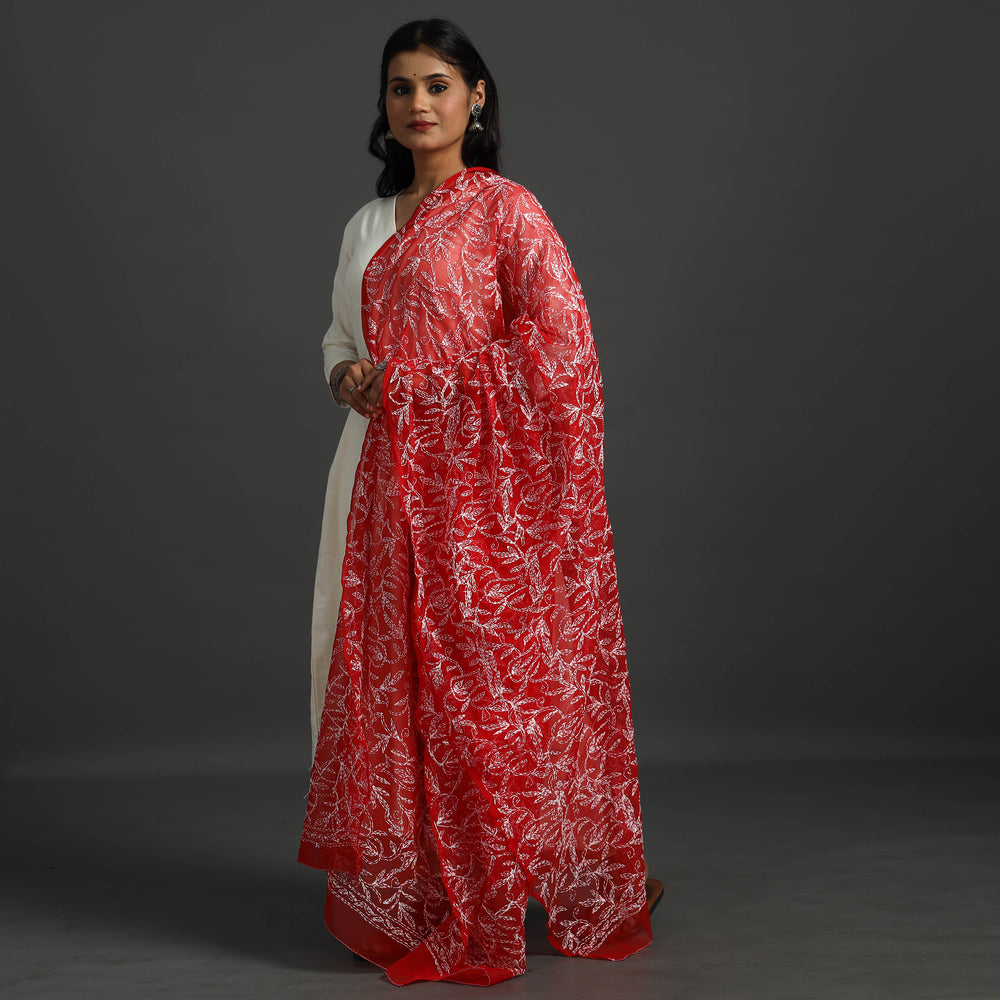 Red - Lucknow Chikankari Tepchi Embroidery Georgette Dupatta 02