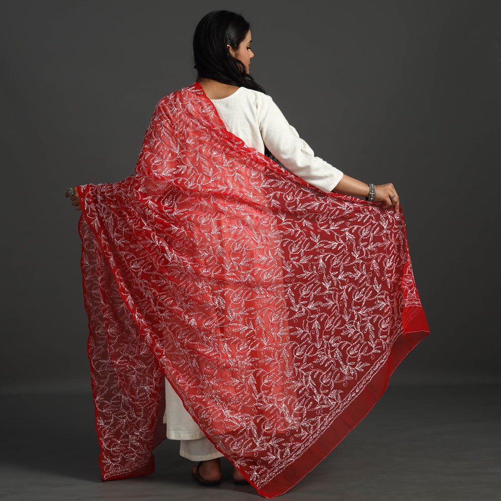 Red - Lucknow Chikankari Tepchi Embroidery Georgette Dupatta 02