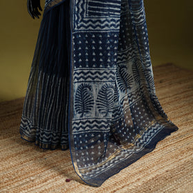 Blue - Indigo Bagru Hand Block Print Kota Doria Cotton Saree 63