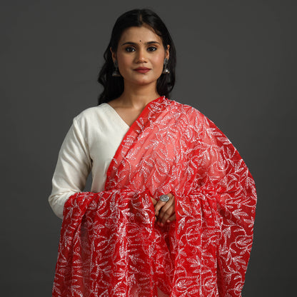 Red - Lucknow Chikankari Tepchi Embroidery Georgette Dupatta 02