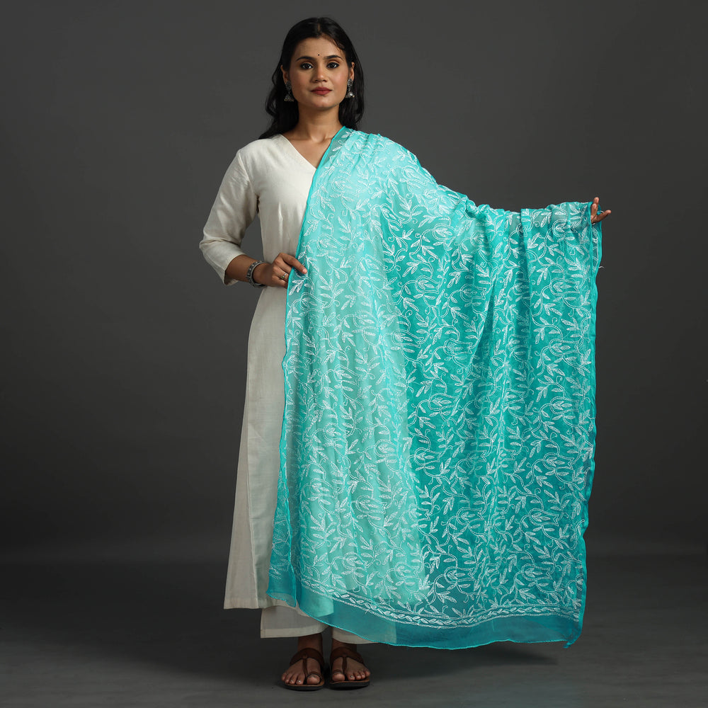 Blue - Lucknow Chikankari Tepchi Embroidery Georgette Dupatta 03