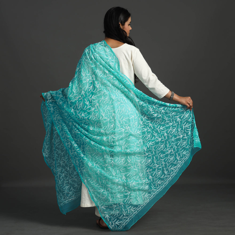 Blue - Lucknow Chikankari Tepchi Embroidery Georgette Dupatta 03