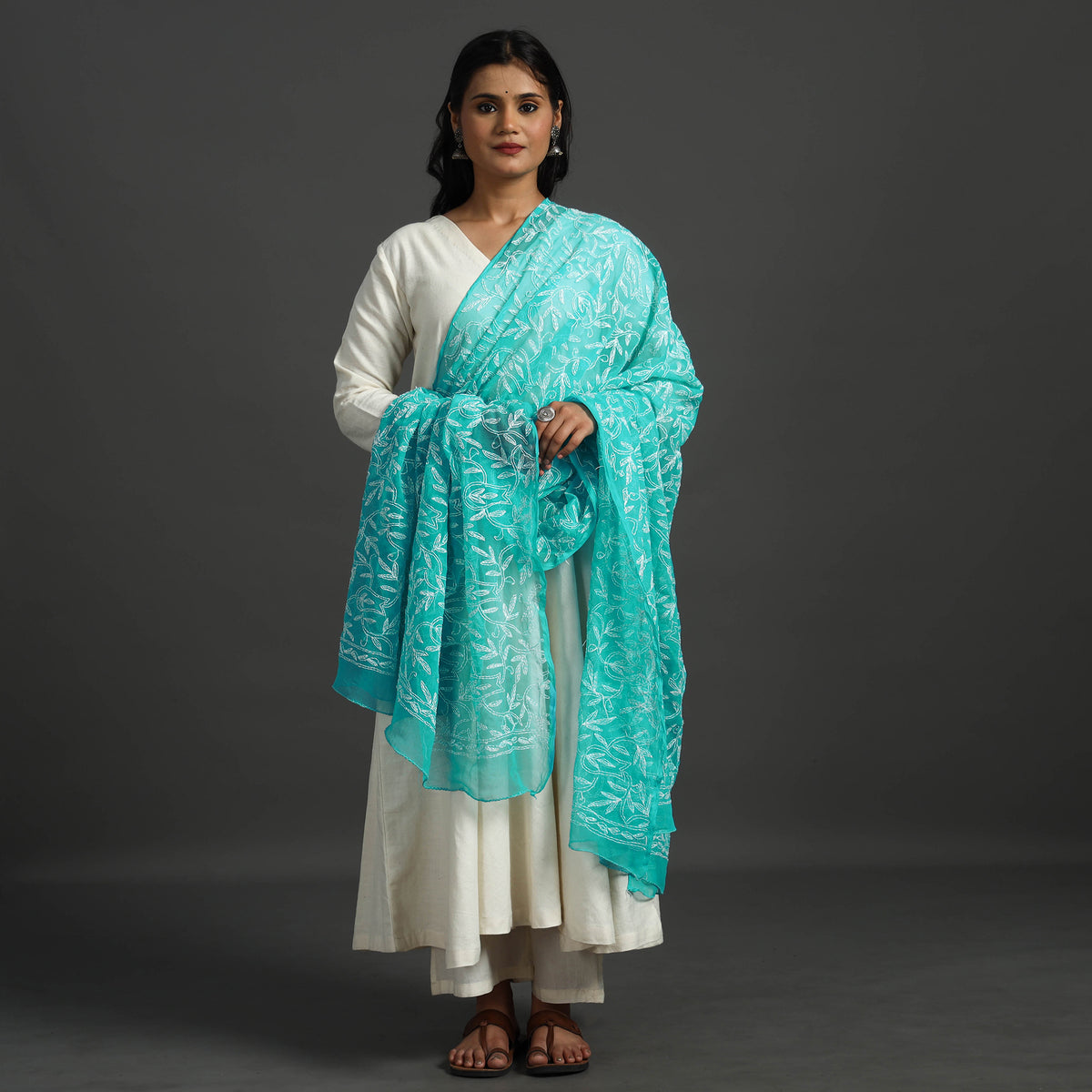 Blue - Lucknow Chikankari Tepchi Embroidery Georgette Dupatta 03