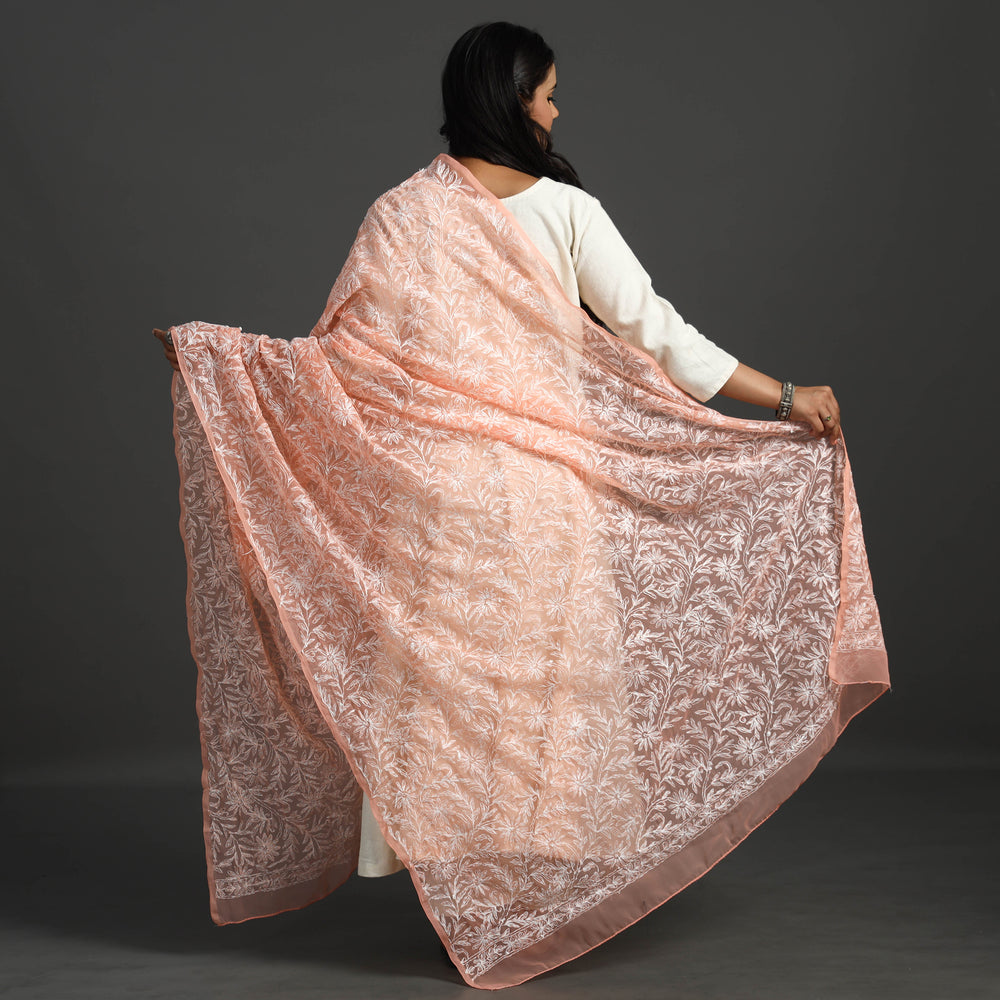 Orange - Lucknow Chikankari Tepchi Embroidery Georgette Dupatta 04