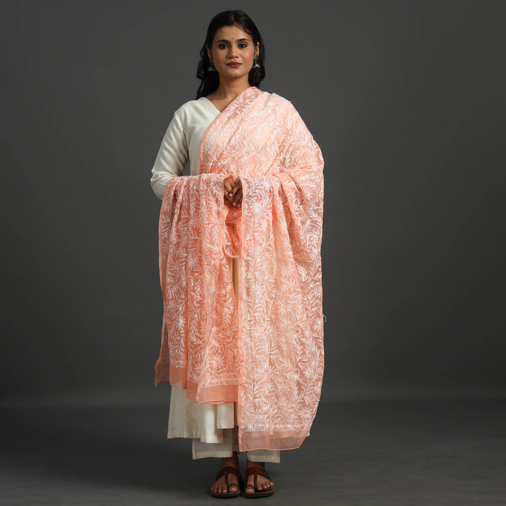 Orange - Lucknow Chikankari Tepchi Embroidery Georgette Dupatta 04