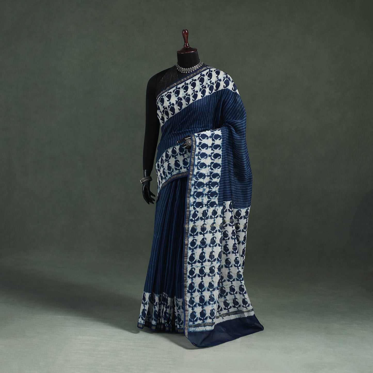 Bagru Indigo Hand Block Print Natural Dyed Chanderi Silk Saree 42