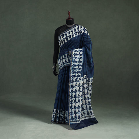 Blue - Bagru Indigo Hand Block Print Natural Dyed Chanderi Silk Saree 42
