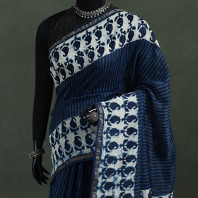 Bagru Indigo Hand Block Print Natural Dyed Chanderi Silk Saree 42