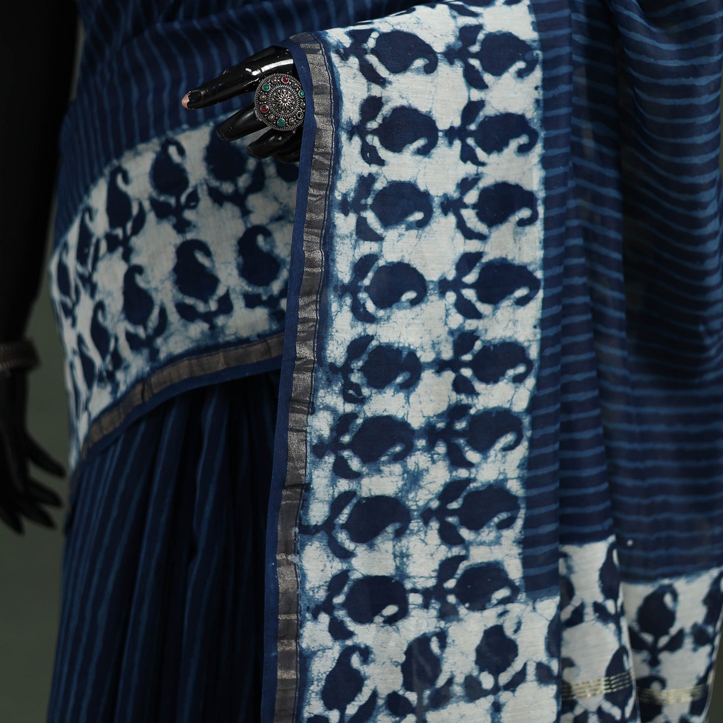Bagru Indigo Hand Block Print Natural Dyed Chanderi Silk Saree 42