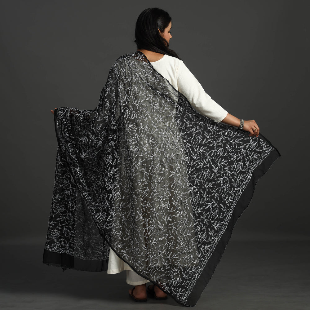 Black - Lucknow Chikankari Tepchi Embroidery Georgette Dupatta 05