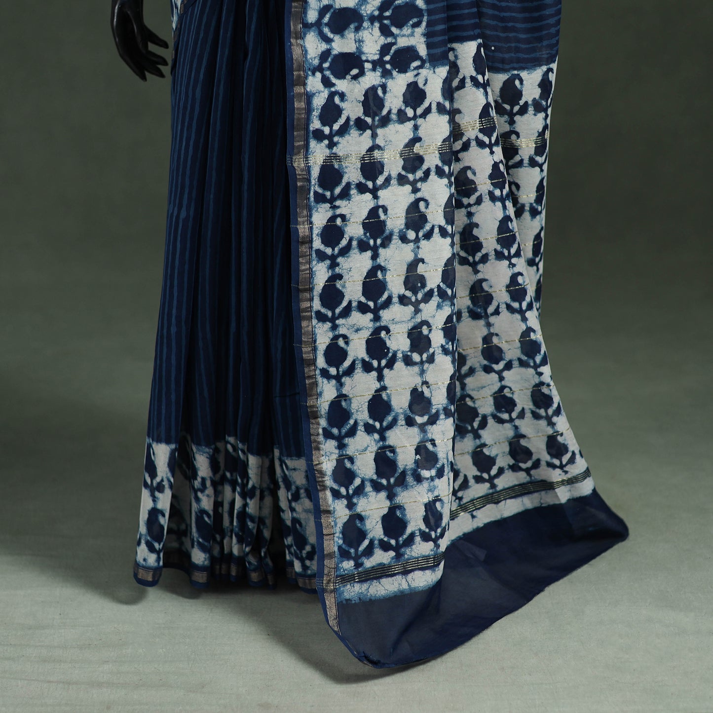 Bagru Indigo Hand Block Print Natural Dyed Chanderi Silk Saree 42