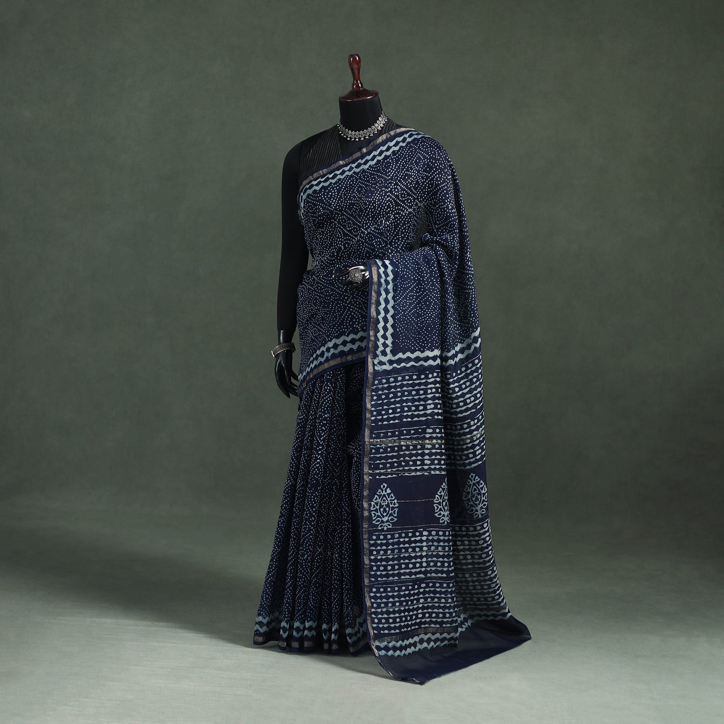 Bagru Indigo Hand Block Print Natural Dyed Chanderi Silk Saree 43