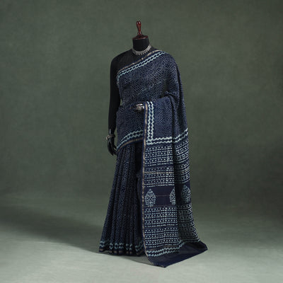 Bagru Indigo Hand Block Print Natural Dyed Chanderi Silk Saree 43