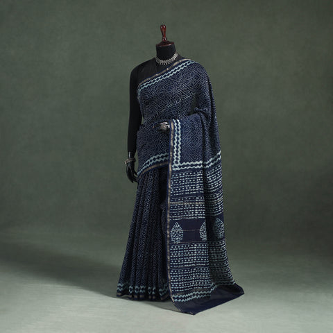 Bagru Indigo Hand Block Print Natural Dyed Chanderi Silk Saree 43