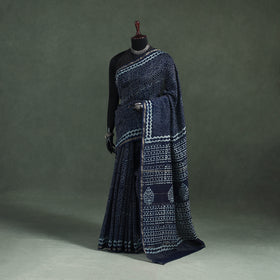 Bagru Indigo Hand Block Print Natural Dyed Chanderi Silk Saree 43