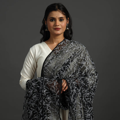 Black - Lucknow Chikankari Tepchi Embroidery Georgette Dupatta 05