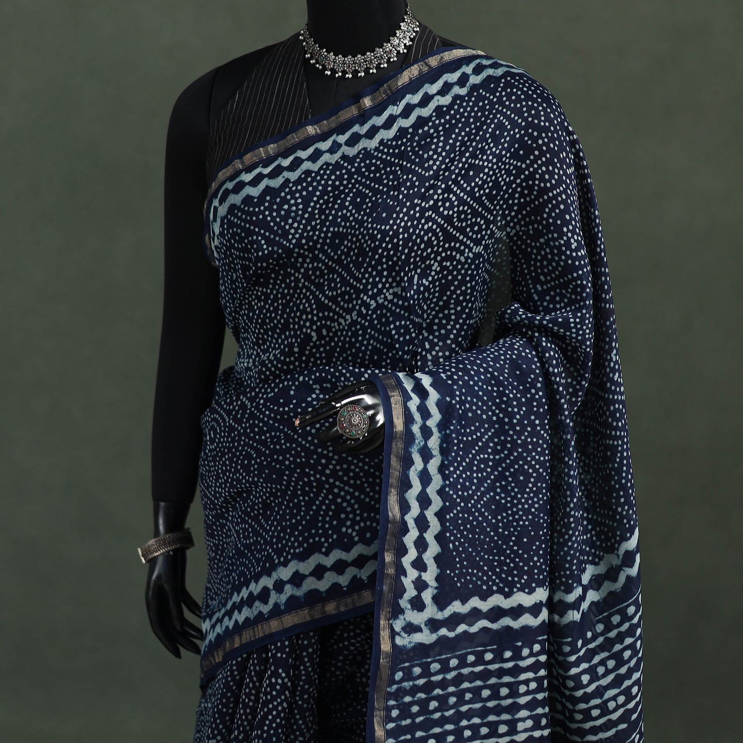 Bagru Indigo Hand Block Print Natural Dyed Chanderi Silk Saree 43