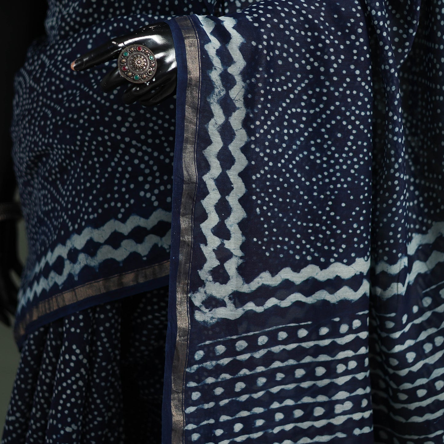 Bagru Indigo Hand Block Print Natural Dyed Chanderi Silk Saree 43