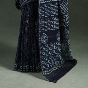 Bagru Indigo Hand Block Print Natural Dyed Chanderi Silk Saree 43