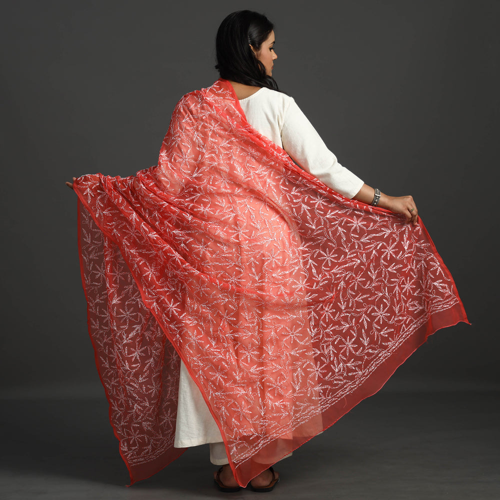 Red - Lucknow Chikankari Tepchi Embroidery Georgette Dupatta 06