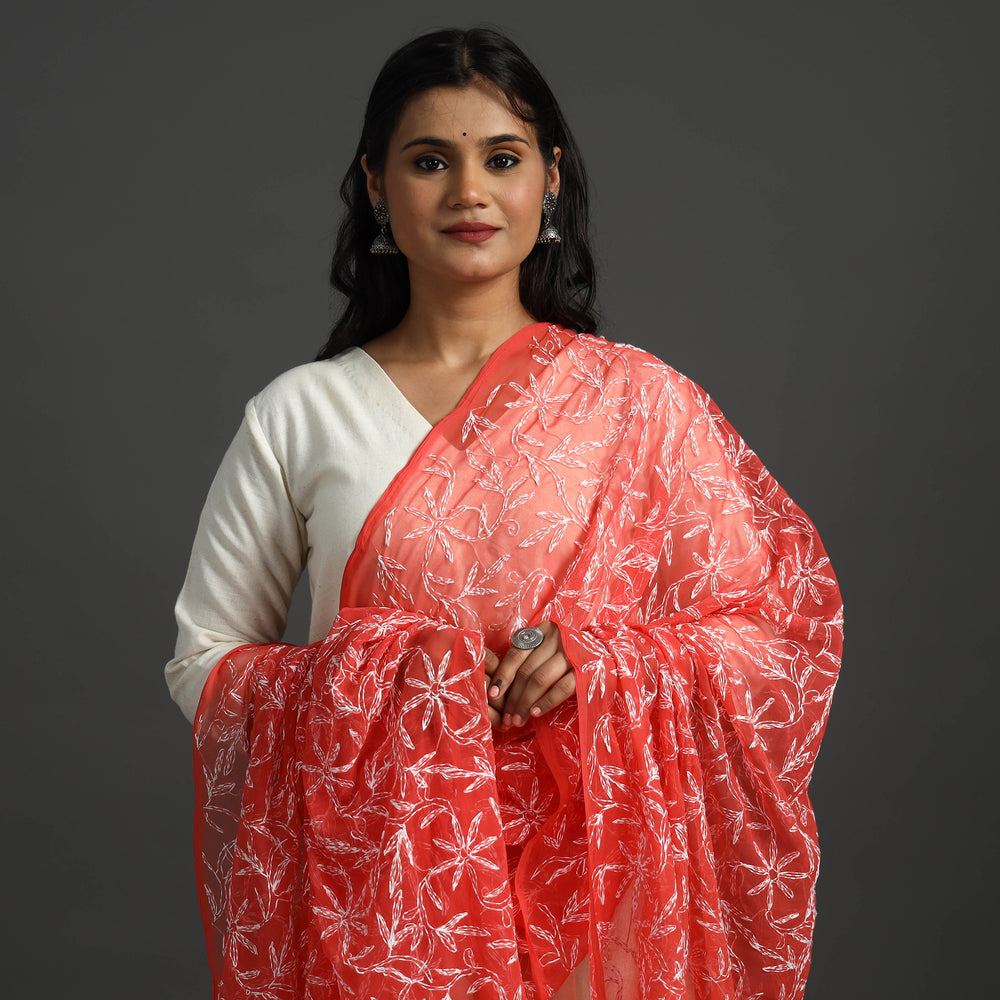 Red - Lucknow Chikankari Tepchi Embroidery Georgette Dupatta 06