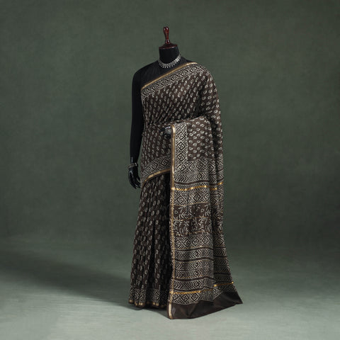 Bagru Hand Block Print Natural Dyed Chanderi Silk Saree 46