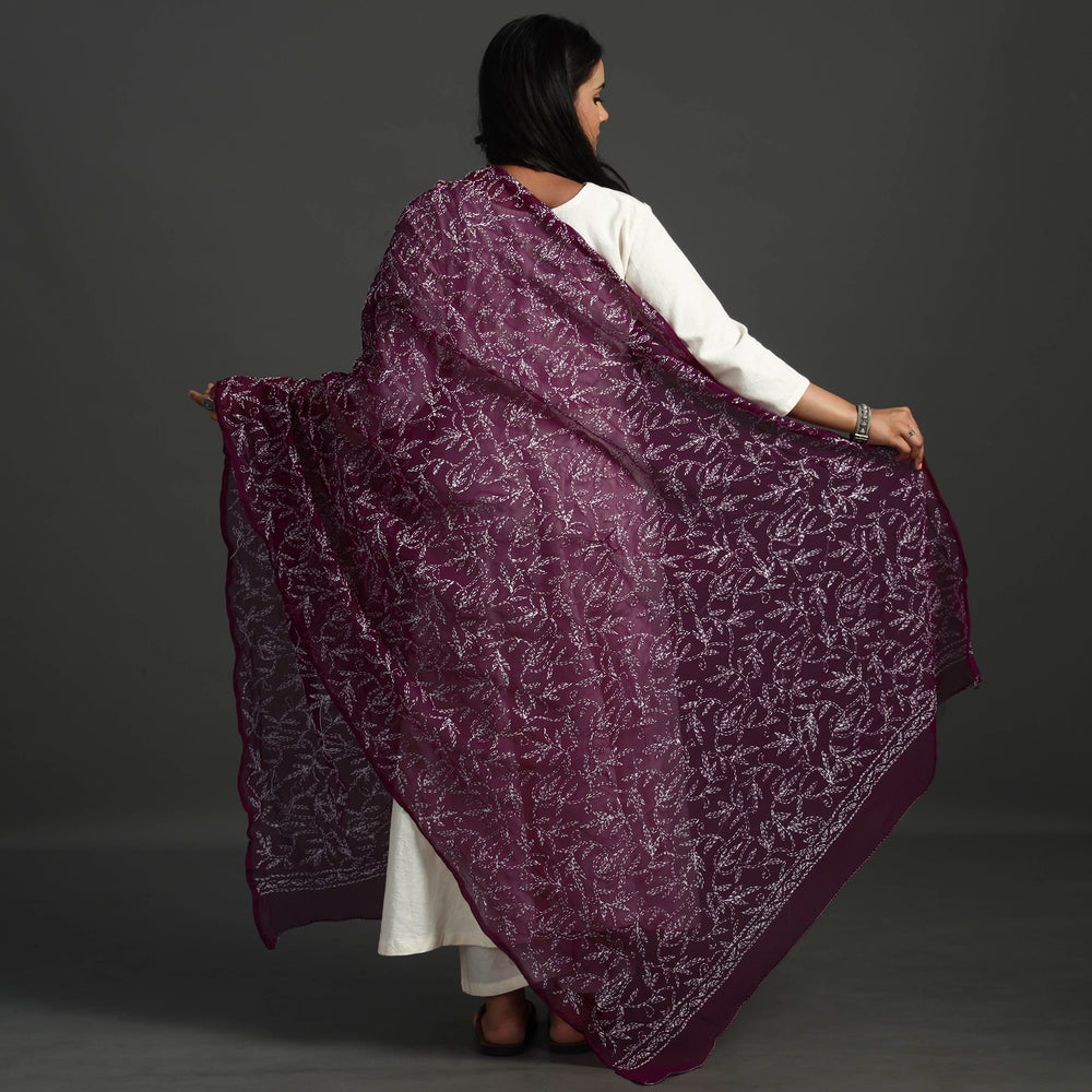 Maroon - Lucknow Chikankari Tepchi Embroidery Georgette Dupatta 07