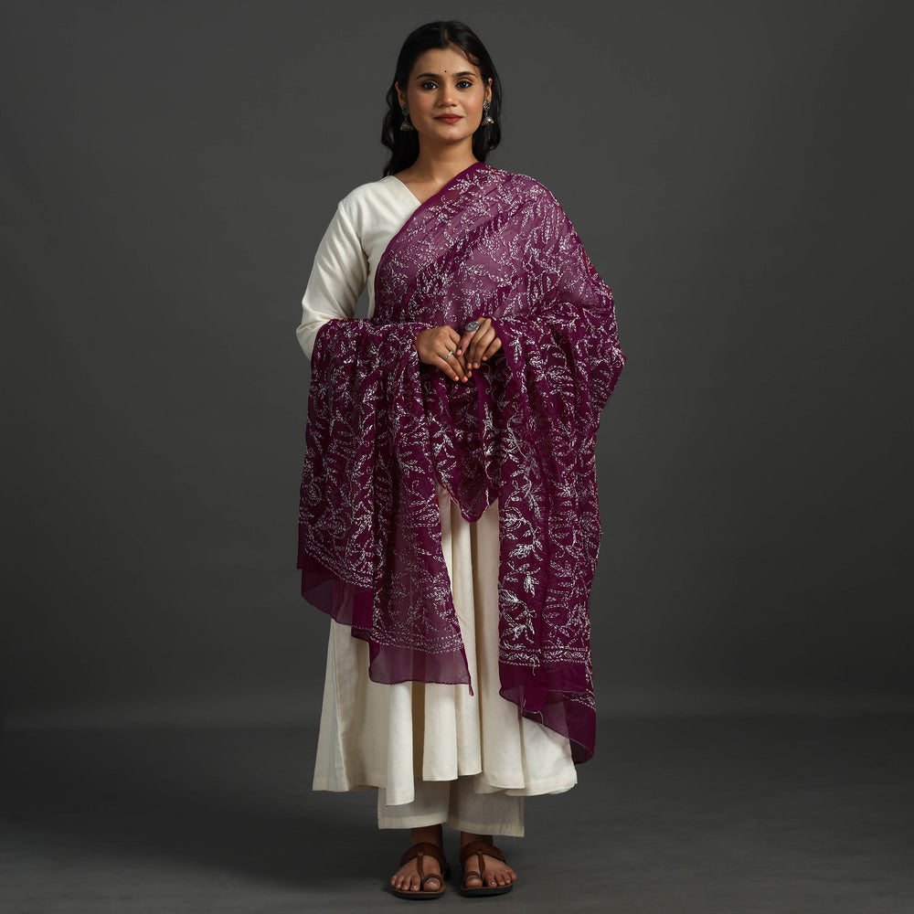 Maroon - Lucknow Chikankari Tepchi Embroidery Georgette Dupatta 07