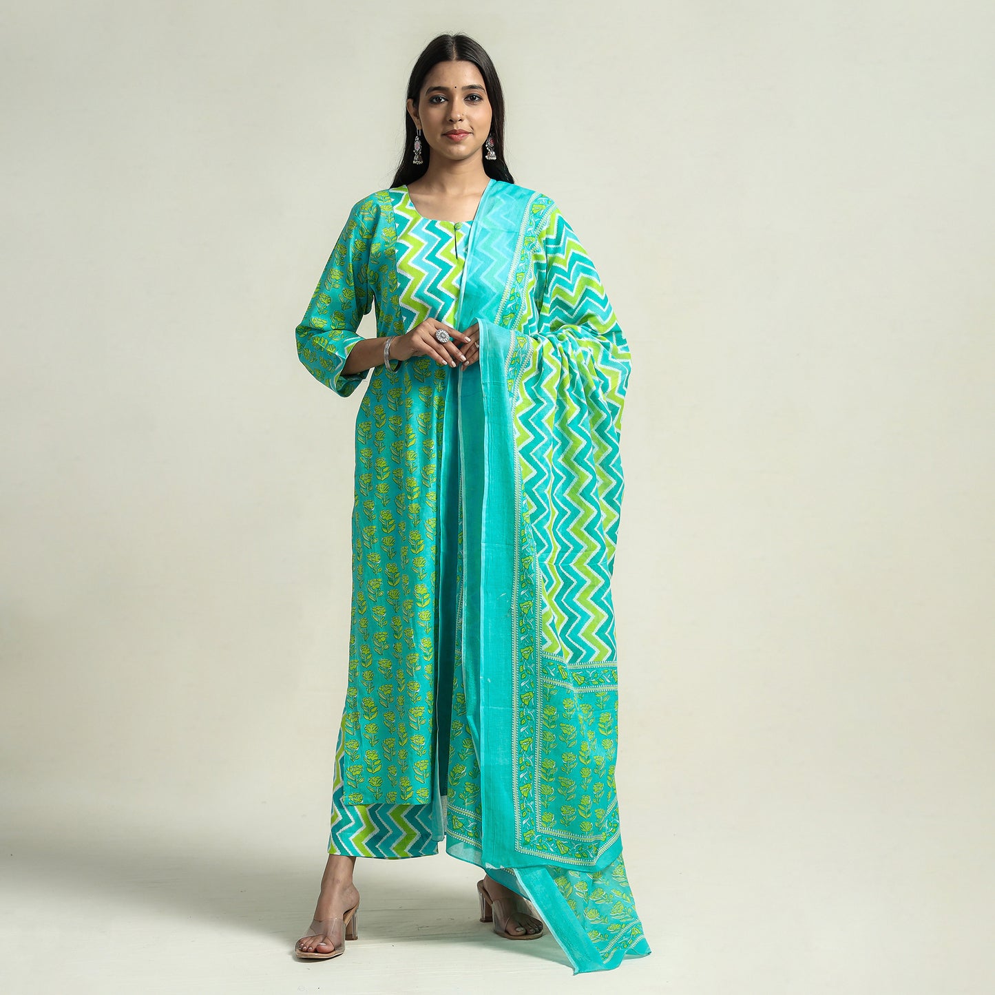 Jaipur Printed Kurta with Palazzo & Dupatta Set
