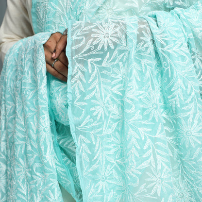 Green - Lucknow Chikankari Tepchi Embroidery Georgette Dupatta 08
