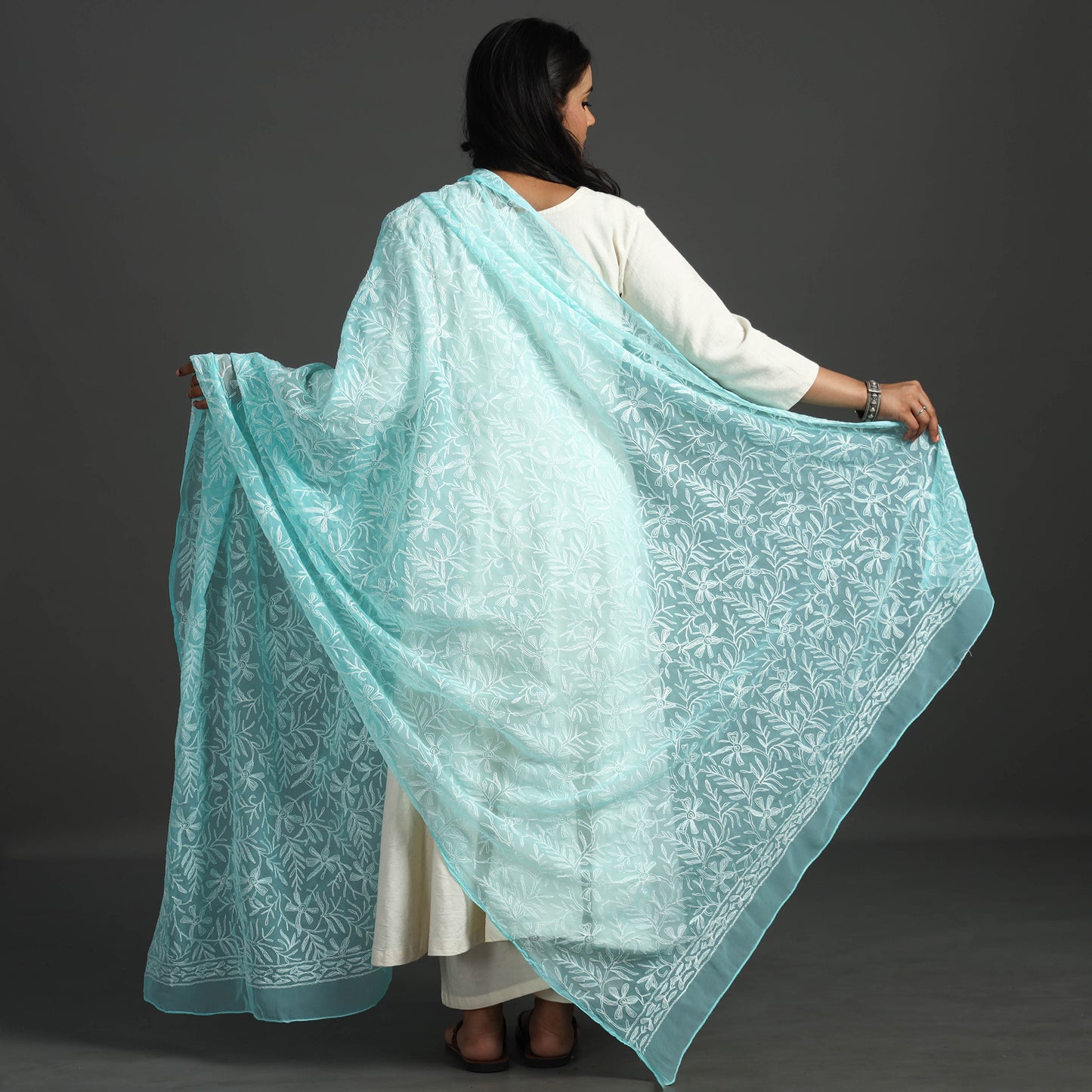 Blue - Lucknow Chikankari Tepchi Embroidery Georgette Dupatta 09