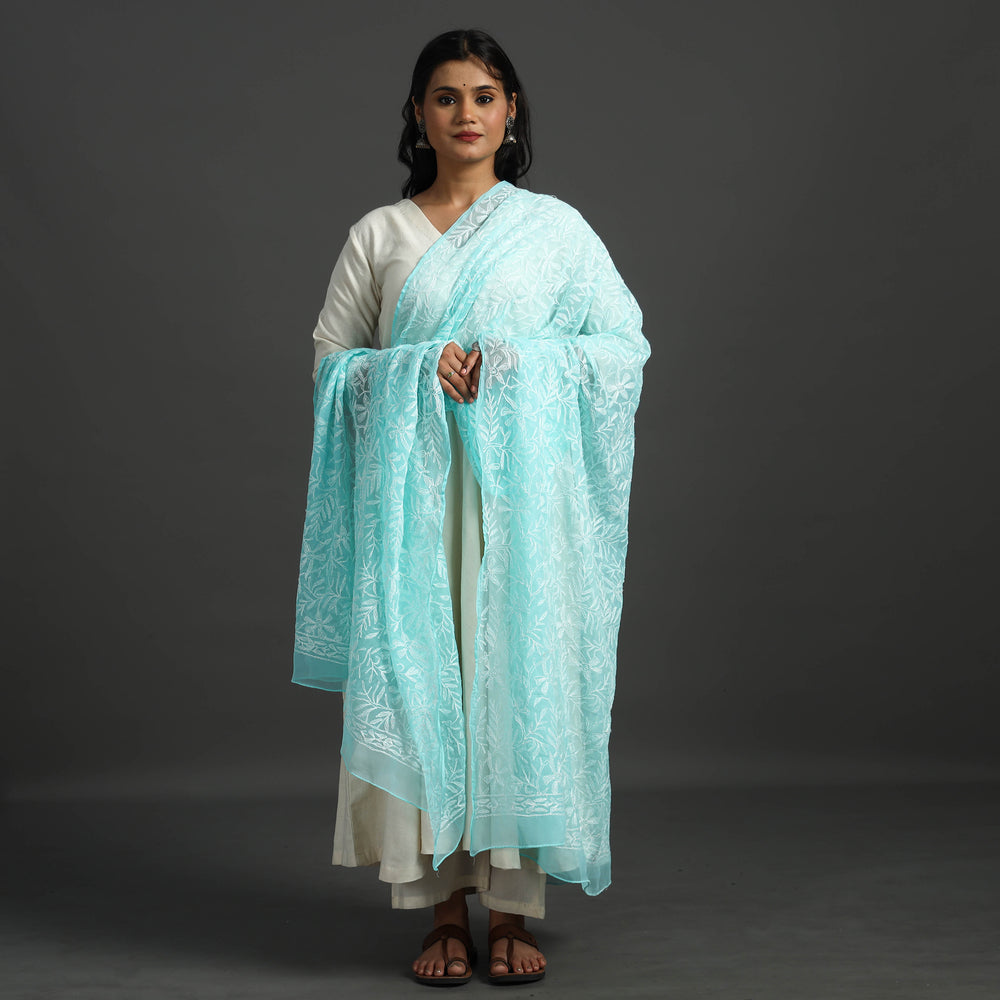 Blue - Lucknow Chikankari Tepchi Embroidery Georgette Dupatta 09