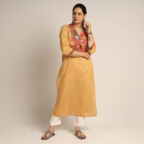  Srikalahasti Kalamkari Patchwork Plain Cotton Long Kurta 