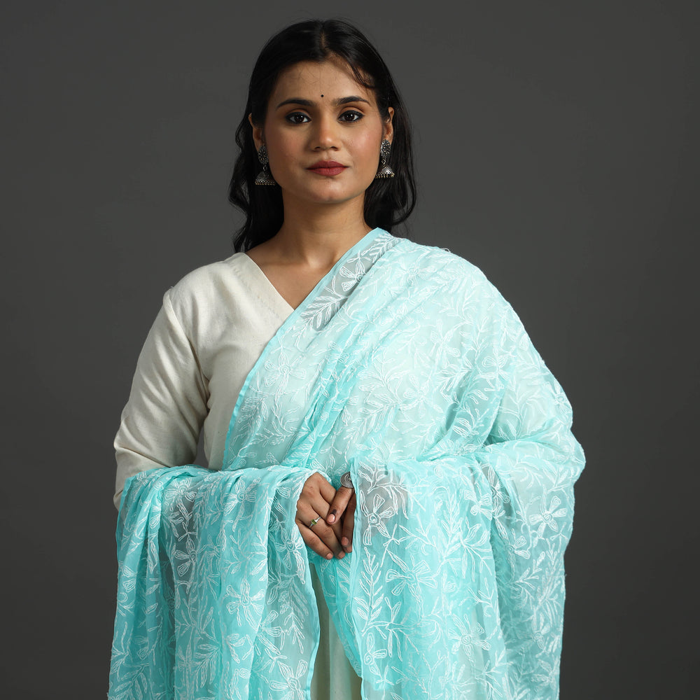 Blue - Lucknow Chikankari Tepchi Embroidery Georgette Dupatta 09