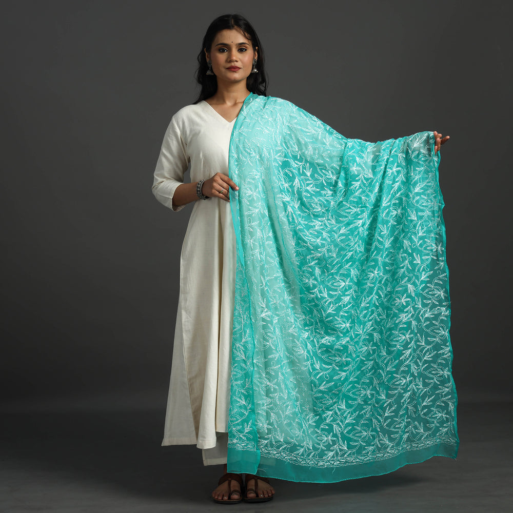 Green - Lucknow Chikankari Tepchi Embroidery Georgette Dupatta 11