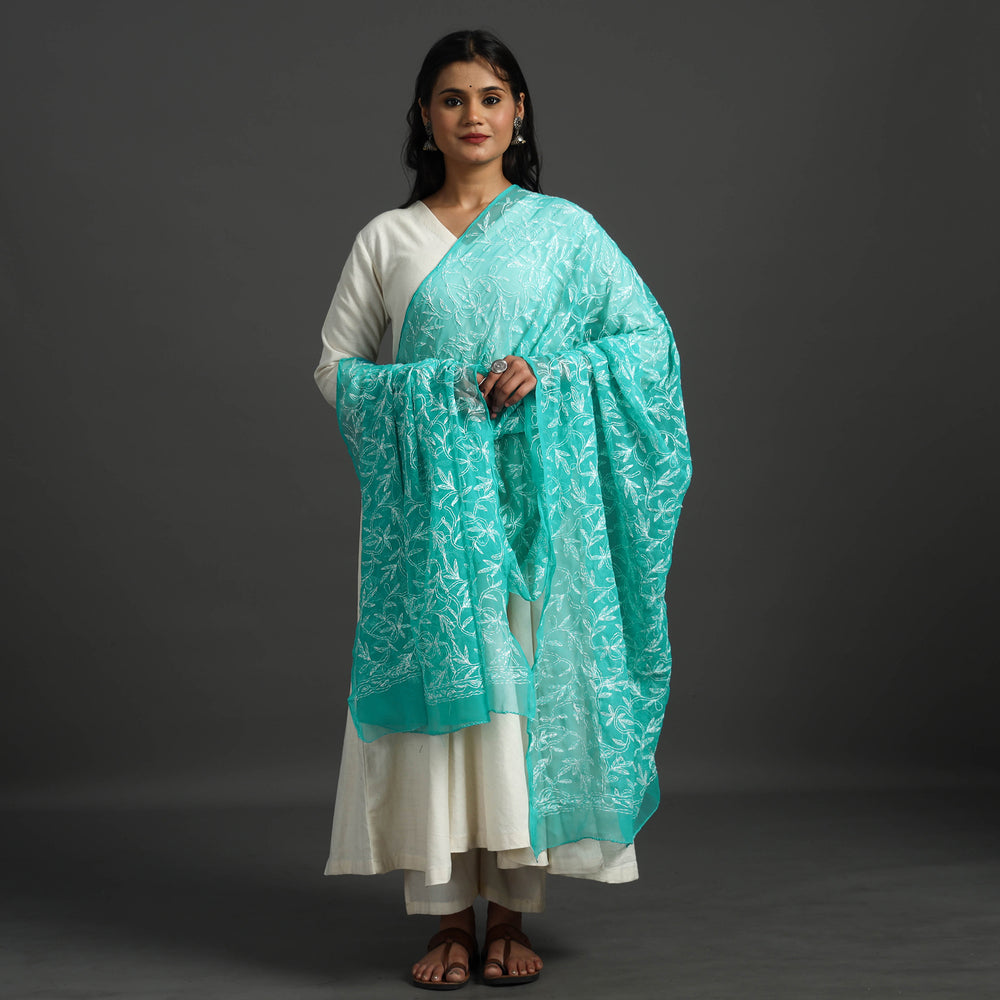 Green - Lucknow Chikankari Tepchi Embroidery Georgette Dupatta 11