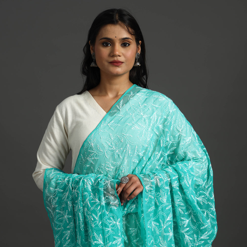 Green - Lucknow Chikankari Tepchi Embroidery Georgette Dupatta 11