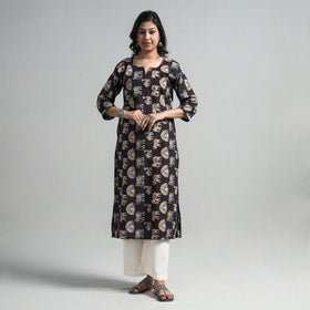 Black - Kalamkari Printed Cotton A-Line Long Kurta