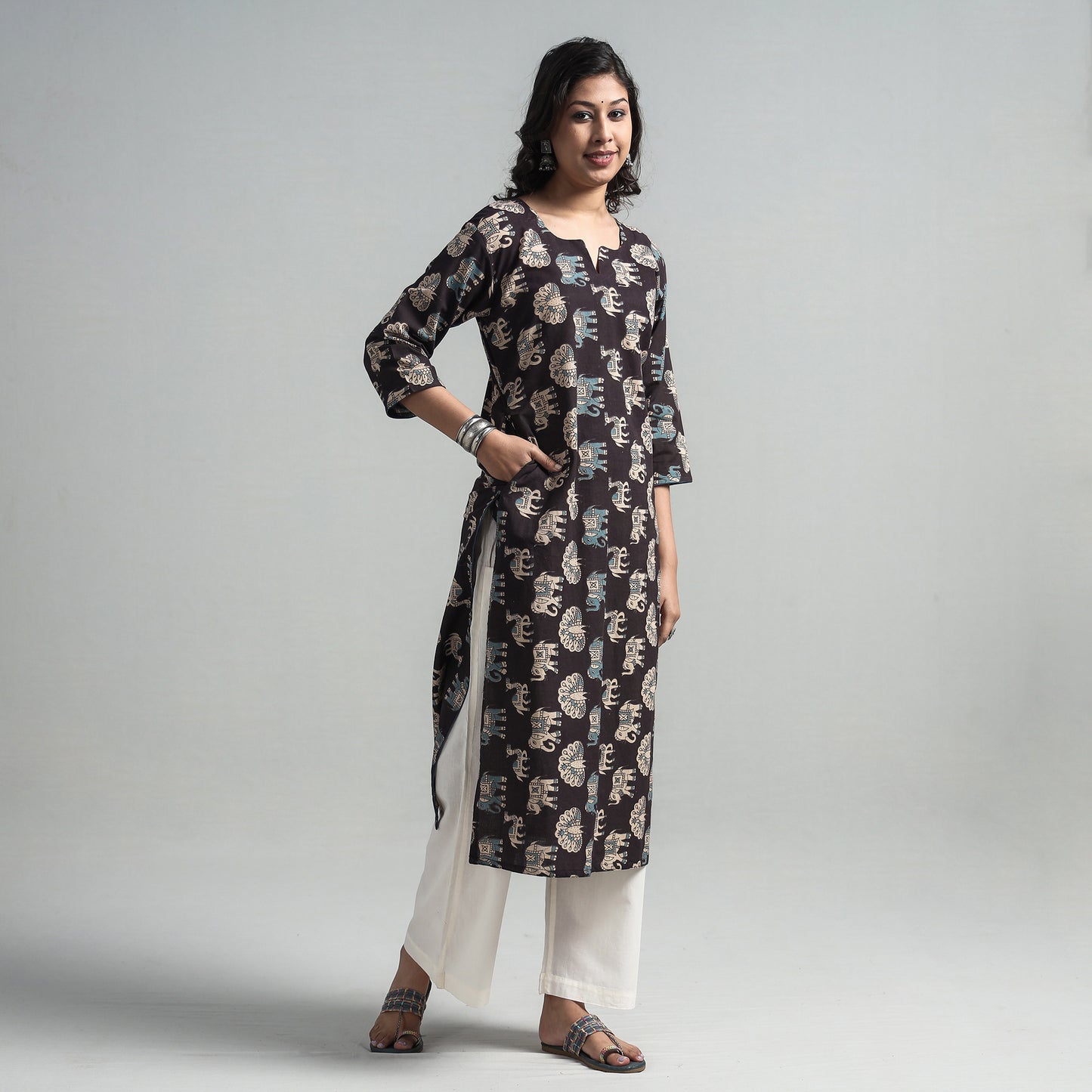 Black - Kalamkari Printed Cotton A-Line Long Kurta