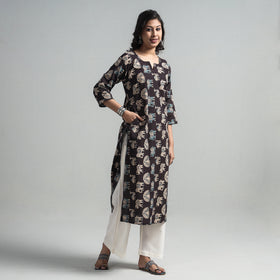 Black - Kalamkari Printed Cotton A-Line Long Kurta